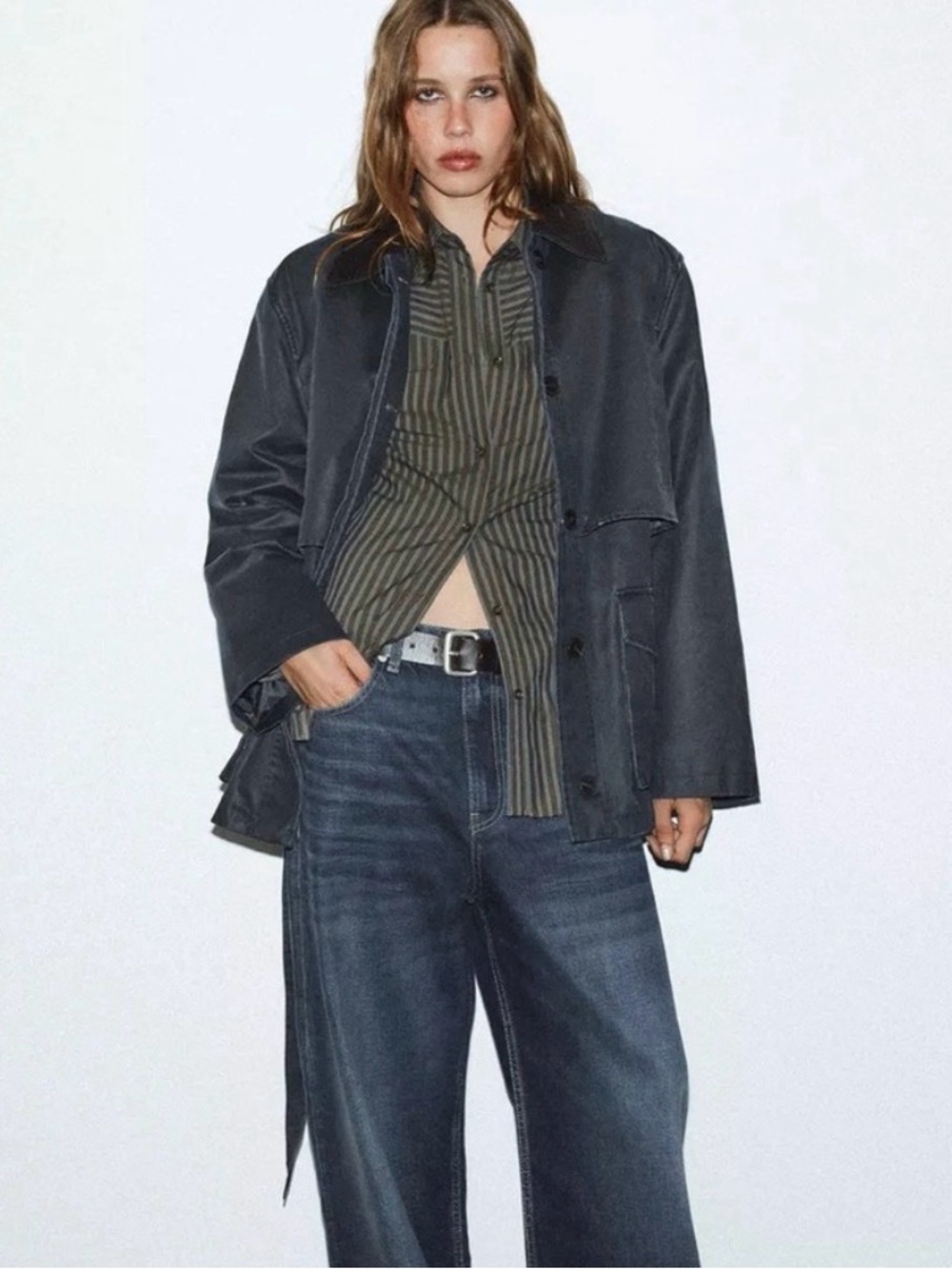 Zara Dark Grey Waxed Trench Coat with Brown Corduroy Collar